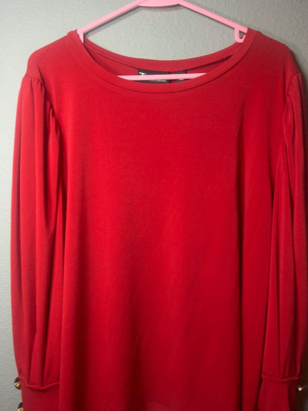 Red Long-Sleeve Crewneck Top with Button-Cuff Details